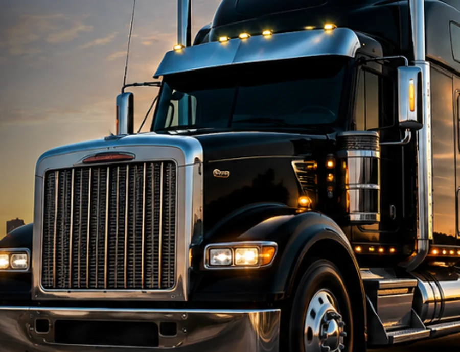 Front of a black tractor trailer under highway lights, ready to roll on an expedited run