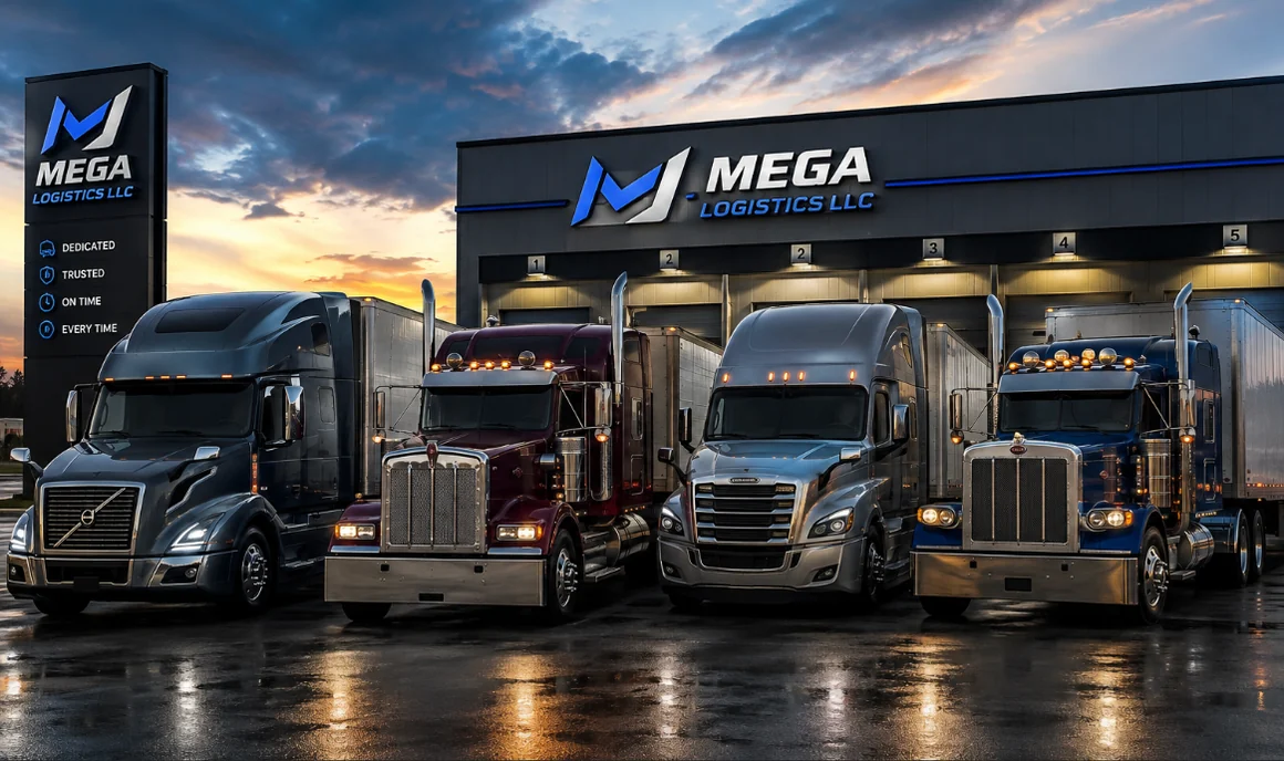 The Mega Logistics LLC terminal in Ypsilanti, Michigan, with five loading dock doors and tractor trailers staged out front